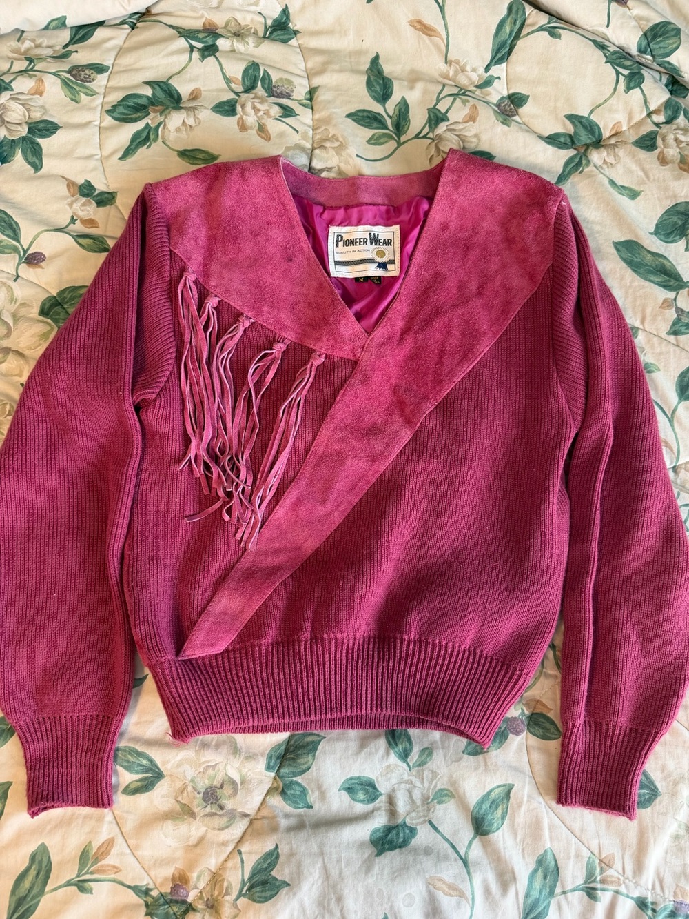 VINTAGE Pioneer Wear Women's Raspberry Pink V-Neck Sweater with Suede-Trim